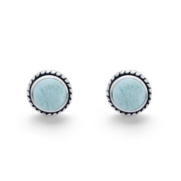 Twisted Rope Design Stud Post Earrings Round Simulated Larimar 925 Sterling Silver